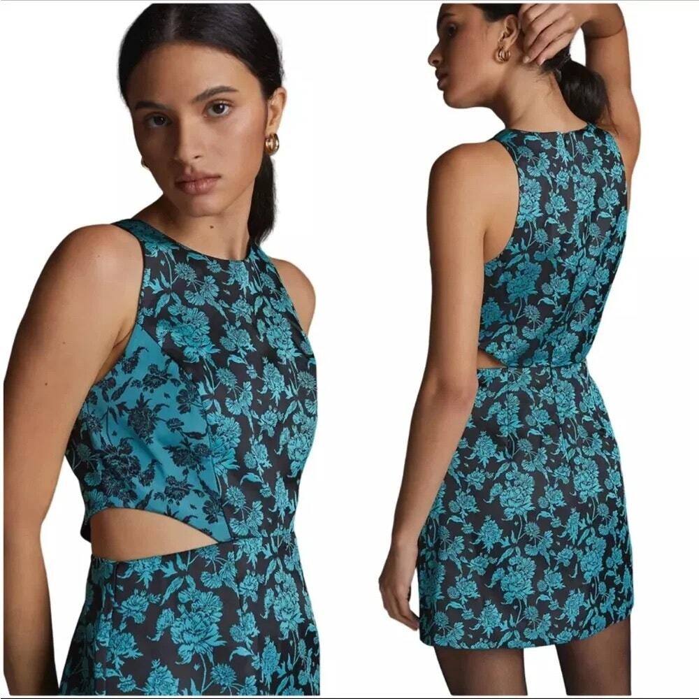 Anthropologie Hutch Floral Jacquard Cut-Out Mini Dress Size 6 Black/Teal